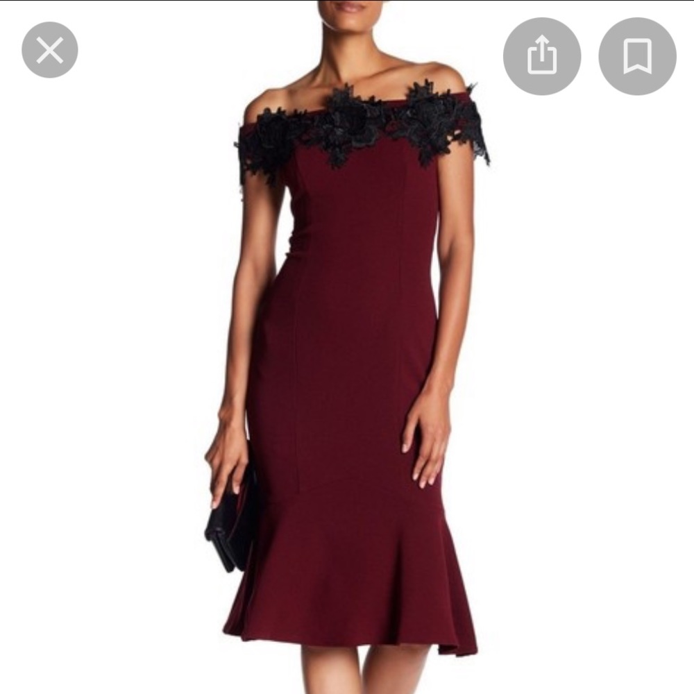 MARINA Burgundy Off-Shoulder Midi Dress